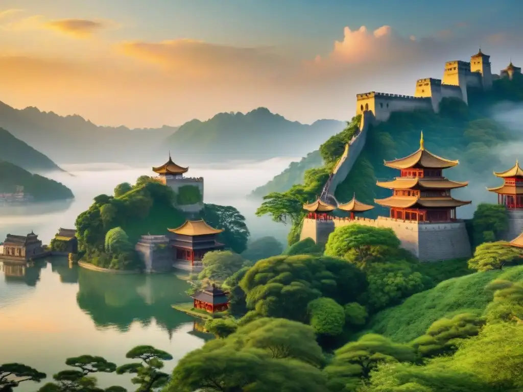 Castillo asiático en la puesta de sol: belleza ancestral Vida en castillos asiáticos: Un majestuoso castillo asiático rodeado de exuberante vegetación y un lago sereno al atardecer