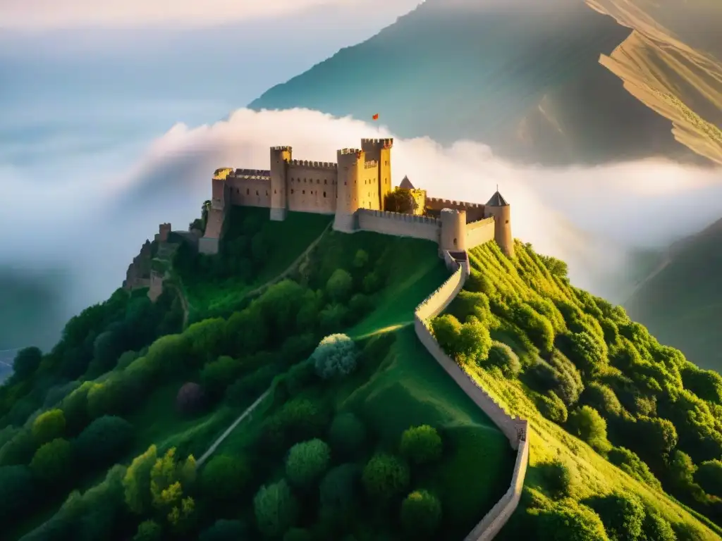 Recreación de videojuegos de castillos famosos: Fortaleza Alamut majestuosa en un acantilado, bañada por la cálida luz dorada del atardecer