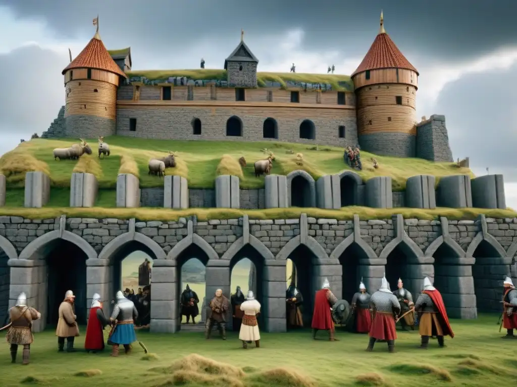 Construcción épica de castillo vikingo en paisajes nórdicos Vikingos construyendo castillo medieval con técnicas nórdicas ancestrales