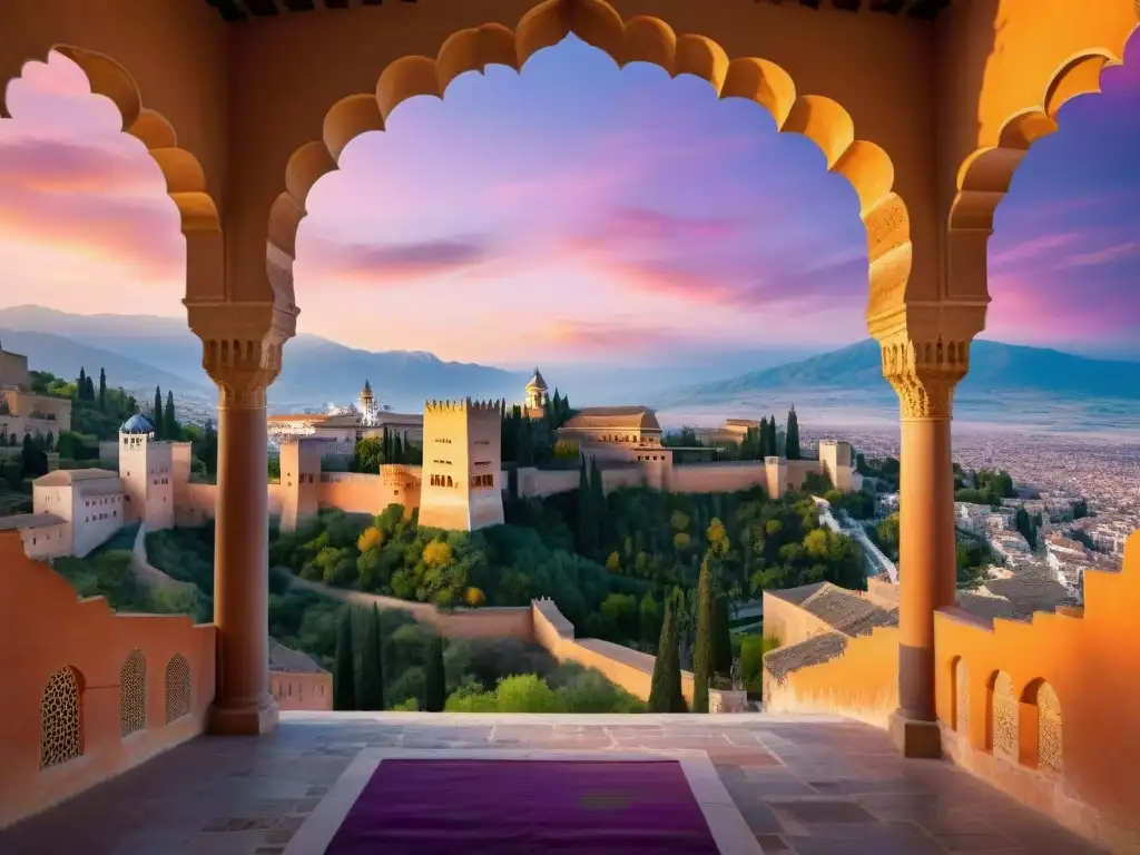 Puesta de sol en la majestuosa Alhambra de Granada Visitantes maravillados con la majestuosa Alhambra al atardecer