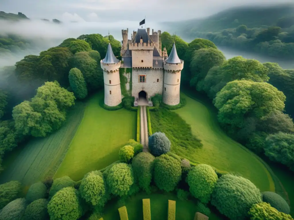 Castillo antiguo rodeado de naturaleza capturado por dron Vista aérea de un antiguo castillo rodeado de exuberante vegetación, capturado por un dron
