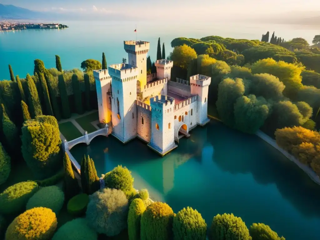 Castillo de Sirmione al atardecer: vista aérea impresionante Vista aérea del Castillo de Sirmione al atardecer, con sombras doradas y misteriosa figura en ventana