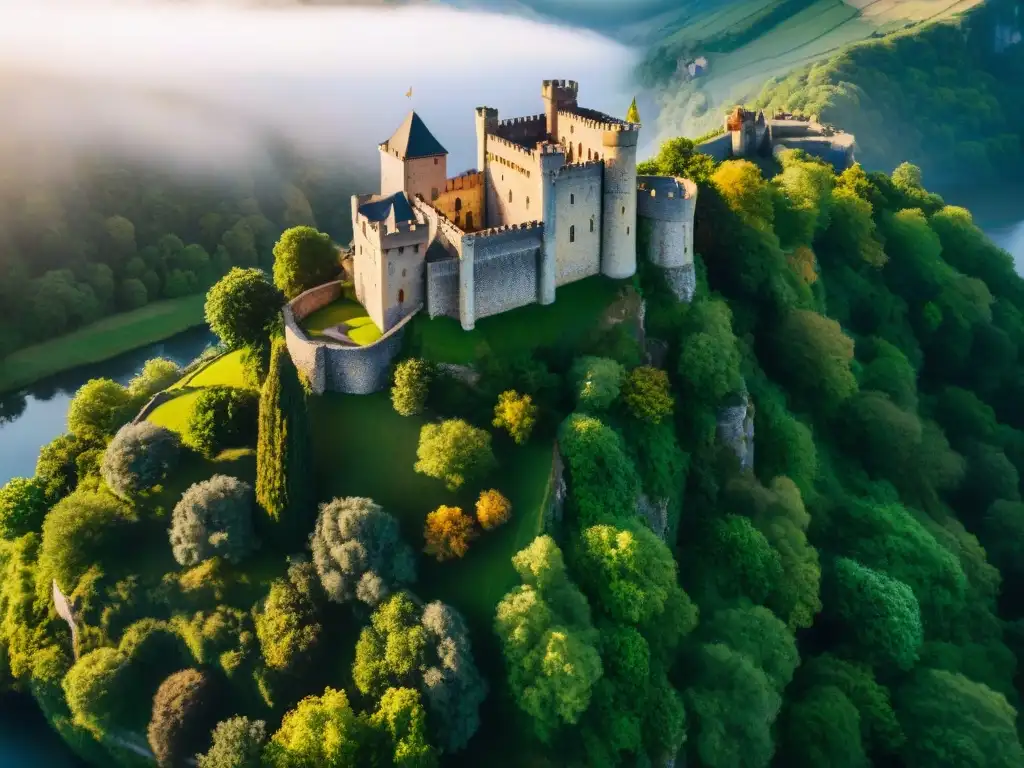 Castillo medieval en acantilado: vista aérea impresionante Vista aérea capturada por un dron de un majestuoso castillo medieval en un acantilado, rodeado de exuberante vegetación y un río serpenteante