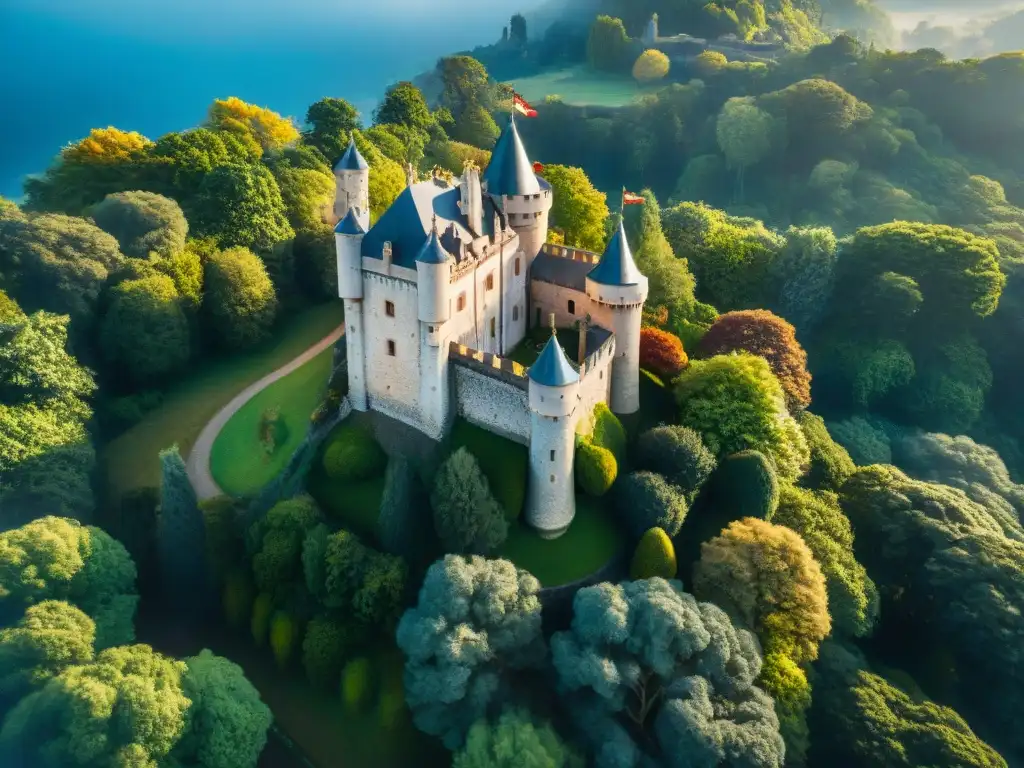 Castillo antiguo entre la naturaleza: misterio y grandiosidad medieval Vista aérea de un castillo antiguo entre vegetación, con muros de piedra, torres y un foso, evocando misterio