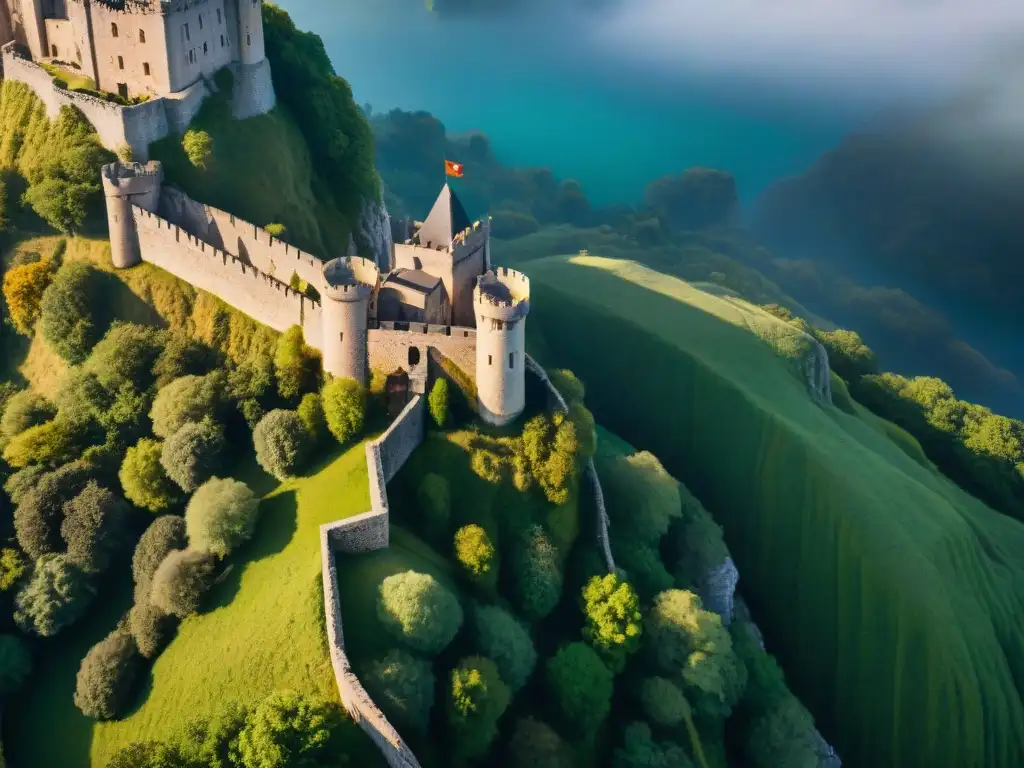 Castillo antiguo en acantilado: historia en piedra Vista aérea de un castillo antiguo en un acantilado, revelando secretos con drones