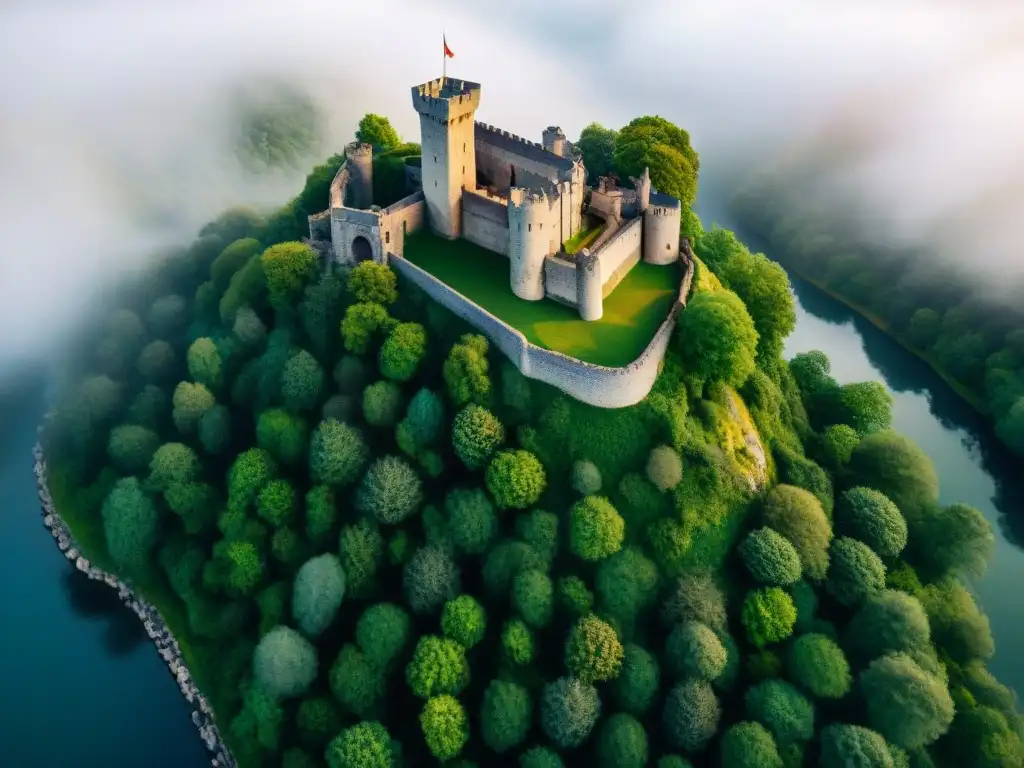 Castillo ancestral sobre acantilado: misterio y grandeza Vista aérea de un castillo antiguo en un acantilado junto a un río, rodeado de vegetación exuberante
