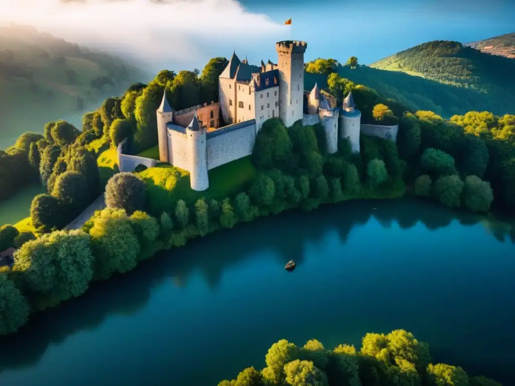 Castillo europeo ancestral: arquitectura y entorno majestuosos Vista aérea de un castillo europeo antiguo, con sombras dramáticas y rodeado de vegetación, evocando misterio e historia