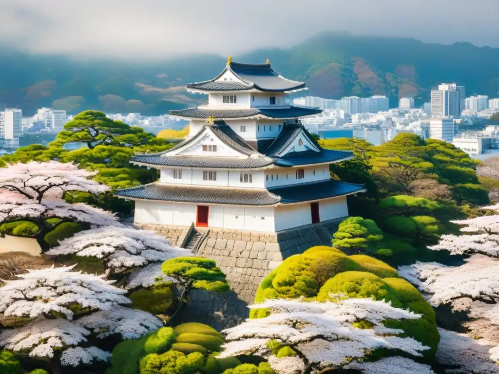 Castillo de Himeji: historia y belleza natural en Japón Vista aérea de alta resolución del Castillo de Himeji en plena primavera, fusionando historia, arquitectura y naturaleza en castillos japoneses