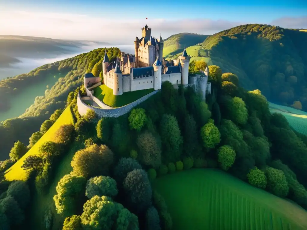 Castillo histórico: majestuosidad en la colina verde Vista aérea de un castillo histórico en colina verde, capturada por dron