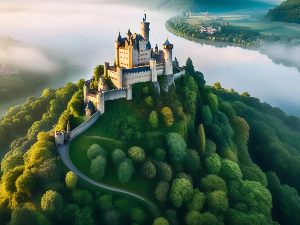 Castillo majestuoso: un símbolo de unidad y división en la región Vista aérea de un castillo majestuoso en una colina, rodeado de vegetación, impactando la cohesión de los territorios