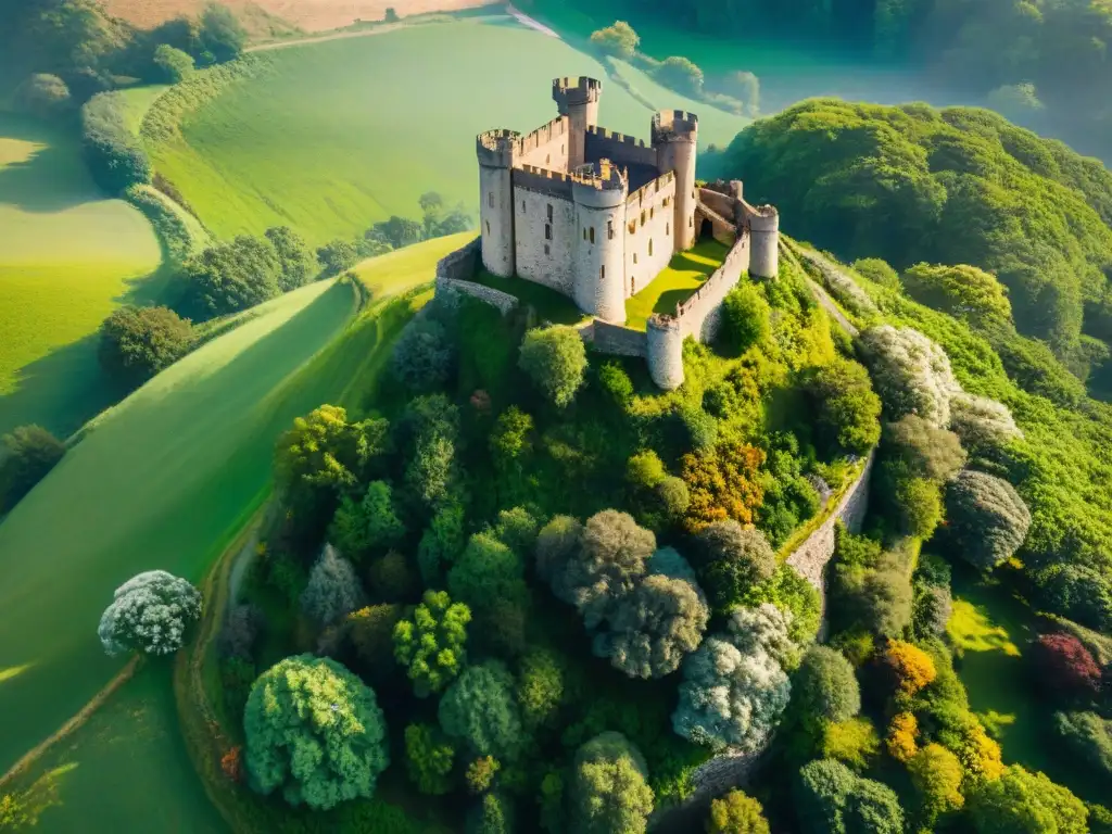 Castillo medieval: historia y naturaleza en armonía Vista aérea de castillo medieval en colina verde, destacando detalles históricos