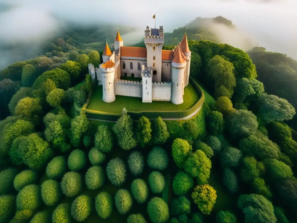 Castillo medieval: vista aérea en alta resolución Vista aérea de un castillo medieval rodeado de vegetación, destacando su arquitectura y significado histórico