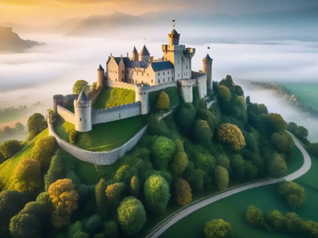 Castillo medieval: drone captura su esplendor histórico en paisaje verde Vista aérea de un castillo medieval rodeado de naturaleza, resaltando la importancia de los drones para preservar castillos históricos