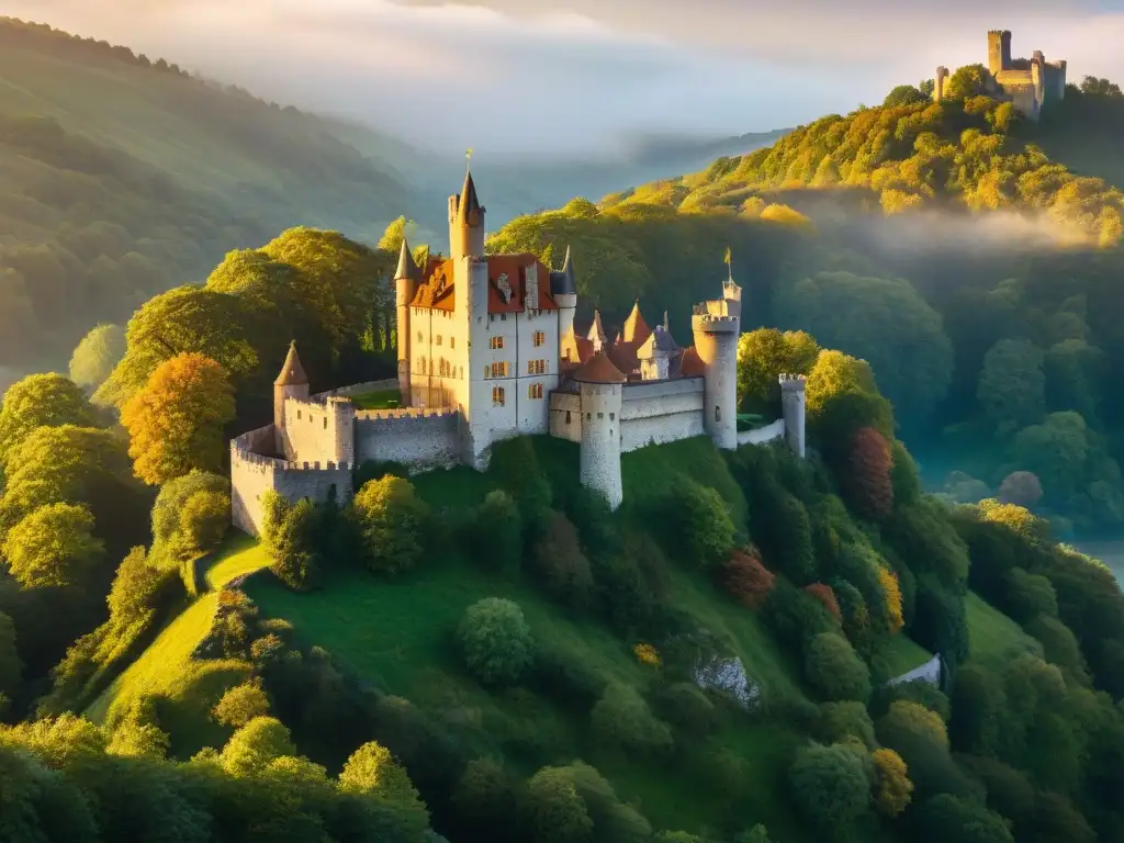 Castillo medieval: majestuosidad en la naturaleza Vista aérea de un castillo medieval en una colina verde, rodeado de un bosque, con un río cercano y un atardecer pintoresco
