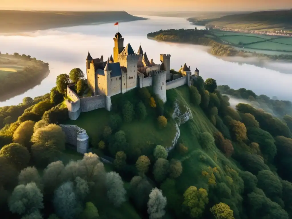 Castillo medieval en acantilado al atardecer Vista aérea de un castillo medieval en un acantilado, bañado por la luz del atardecer