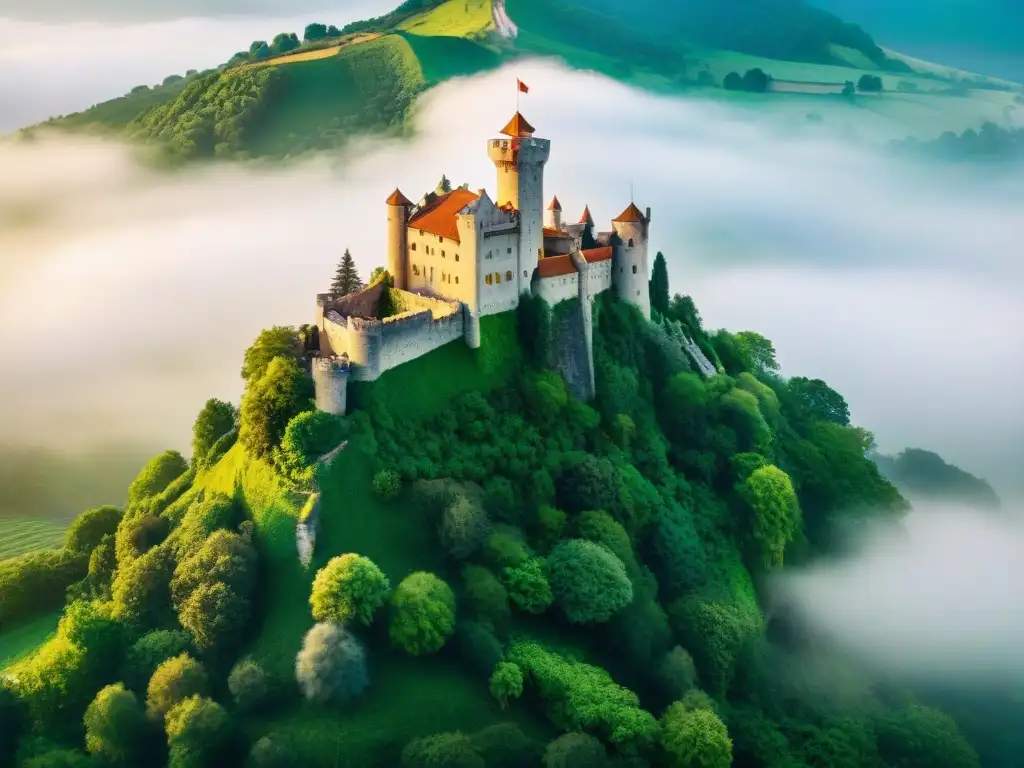 Castillo medieval ecofriendly: fortaleza sostenible entre verdor Vista aérea de un castillo medieval rodeado de símbolos de certificaciones verdes, demostrando su compromiso con la sostenibilidad