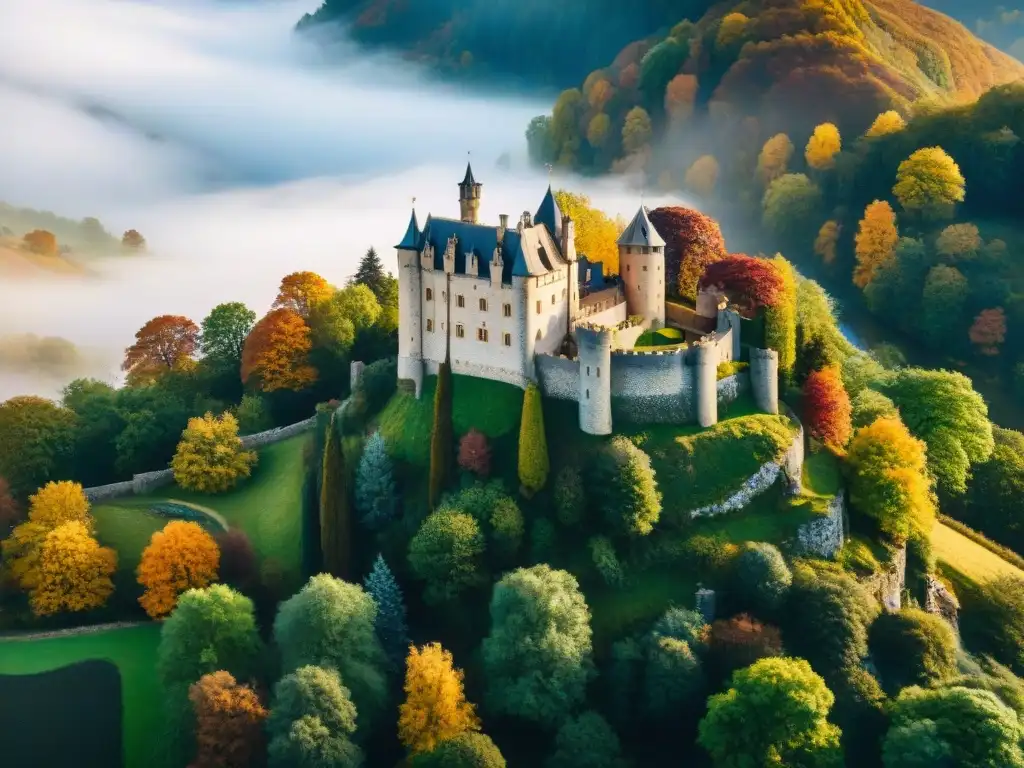 Castillo medieval en colinas verdes: vista aérea impresionante Vista aérea de un castillo medieval rodeado de colinas verdes, con torres que se elevan hacia un cielo azul