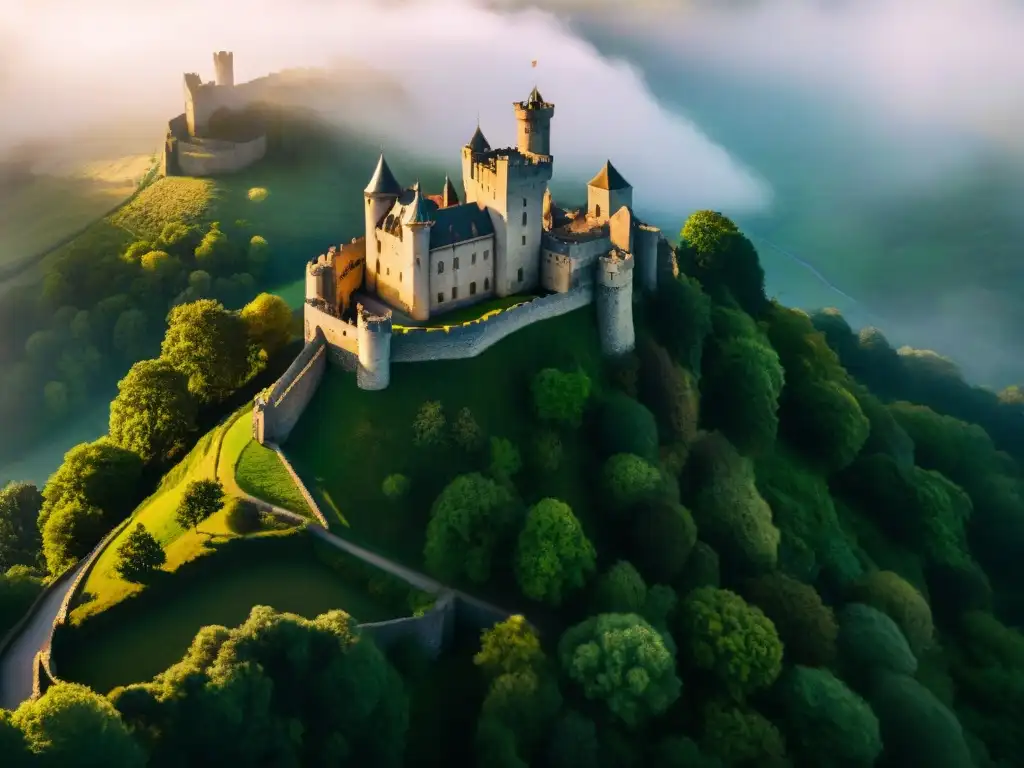 Castillo antiguo en la colina: historia y misterio Vista aérea detallada de un antiguo castillo en una colina, rodeado de vegetación exuberante y un foso