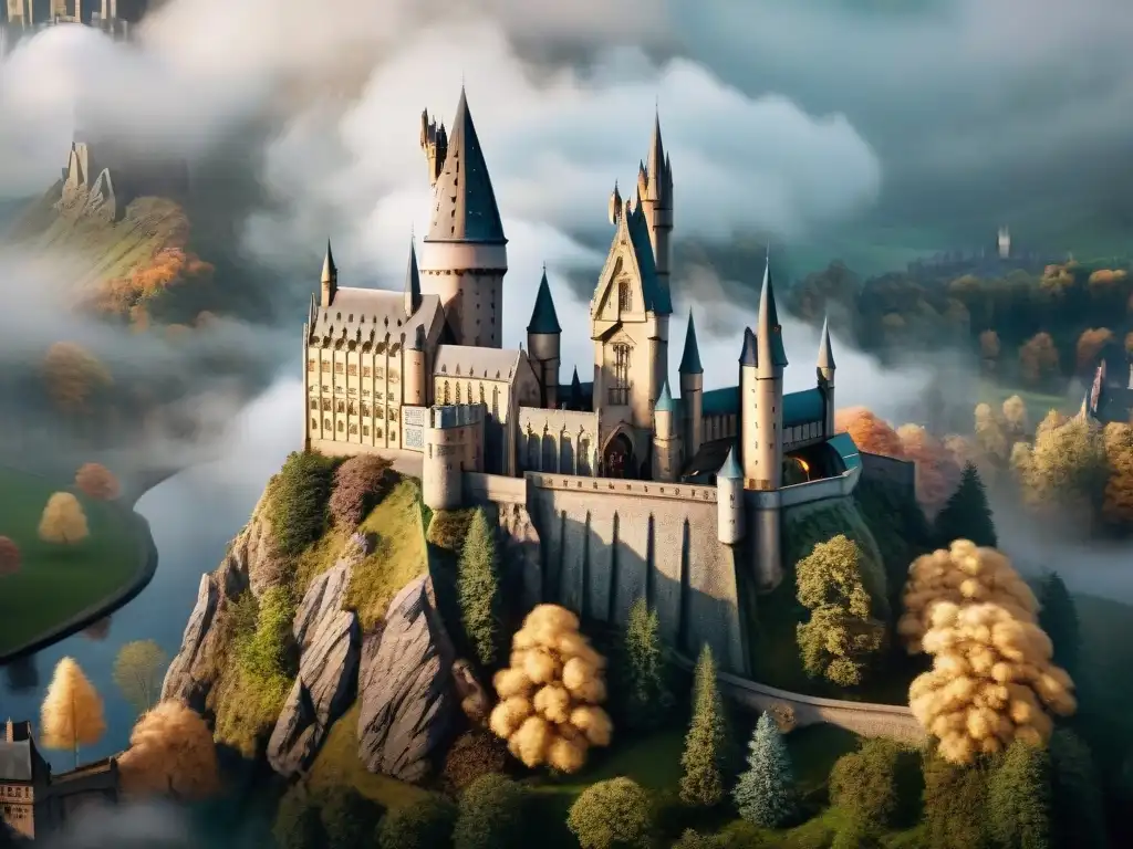 Vista aérea detallada del castillo Hogwarts con elementos góticos y mágicos