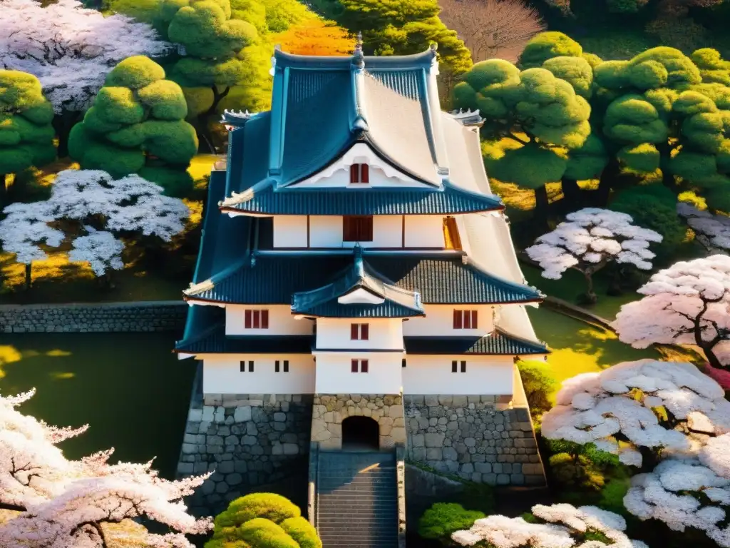 Castillo de Himeji: majestuosidad y flores de cerezo Vista aérea detallada del Castillo de Himeji en Japón, rodeado de cerezos en flor