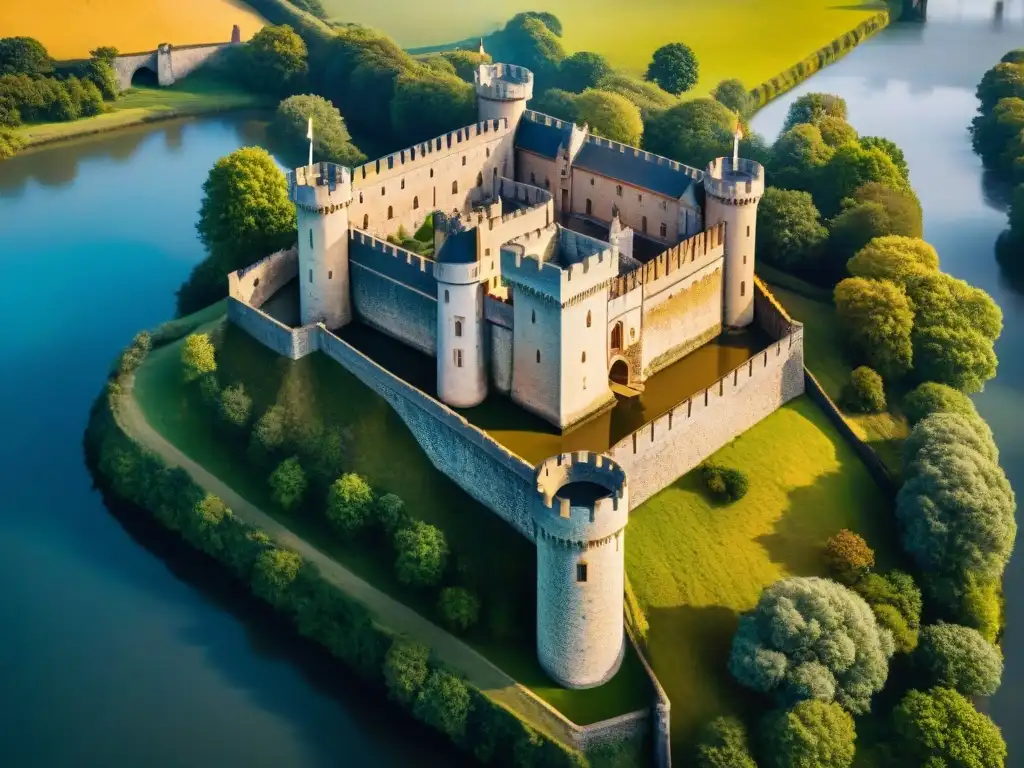 Castillo medieval: evolución arquitectónica y grandiosidad Vista aérea detallada de un castillo medieval, con diseño intrincado y paisaje circundante