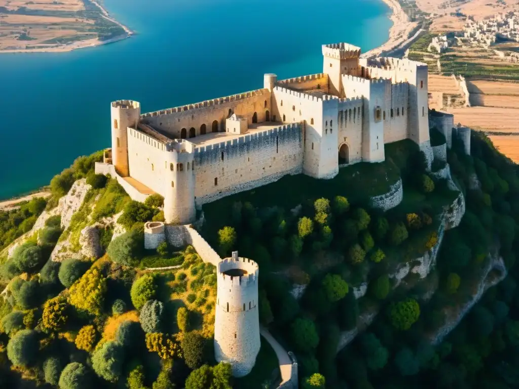 Fortaleza medieval en Siria: detalle aéreo del Krak des Chevaliers Vista aérea detallada del majestuoso Krak des Chevaliers, una fortaleza de las Cruzadas en Siria