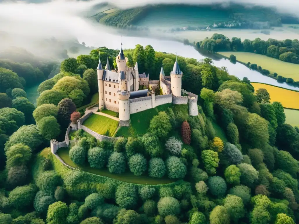 Castillo ancestral entre bosques y ríos Vista aérea detallada de un majestuoso castillo rodeado de bosques verdes, con un río serpenteante y pueblos