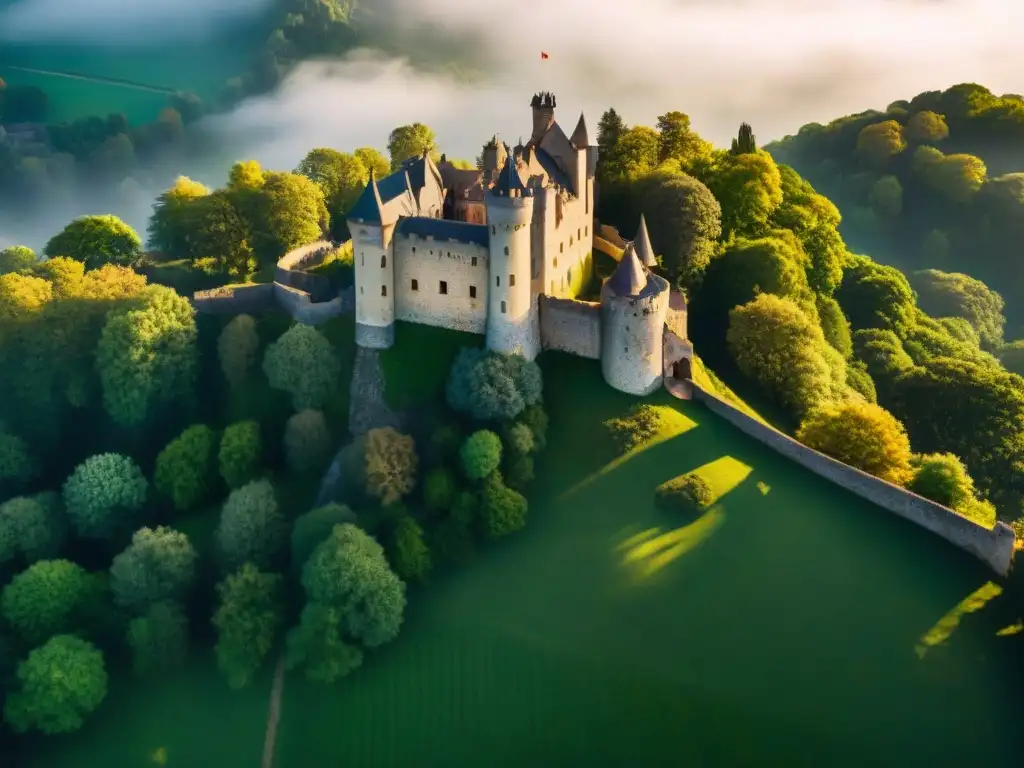 Vista aérea detallada de un majestuoso castillo medieval rodeado de bosques verdes, bañado por la luz del sol