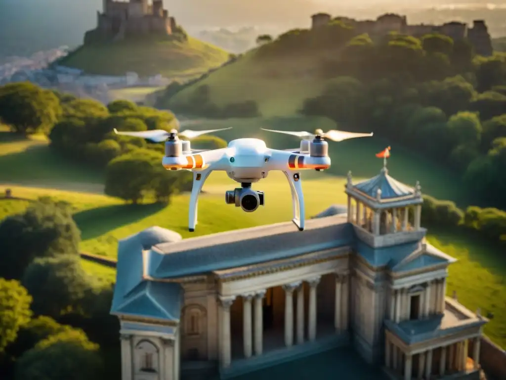 Drone captura monumento histórico: detalles impresionantes Vista aérea detallada de monumento histórico capturada por dron, preservación monumentos históricos drones