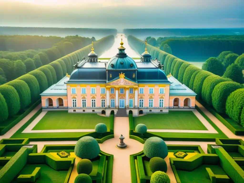 Vista aérea detallada del opulento Castillo de Brühl en Potsdam, Alemania, con arquitectura Rococó y jardines ornamentados