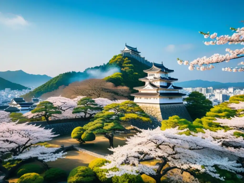 Hermosa vista aérea del Castillo Himeji en Japón con cerezos en flor Vista aérea del histórico Castillo de Himeji en Japón, rodeado de árboles de cerezo en flor bajo un cielo azul