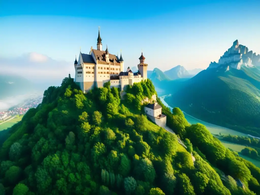 Castillo de Hochosterwitz: vista aérea majestuosa en Austria Vista aérea del imponente Castillo Hochosterwitz, rodeado de exuberante vegetación y con una vista panorámica de la campiña austriaca