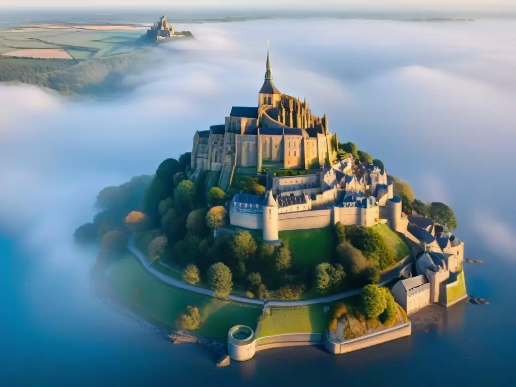 Majestuosa abadía de Mont Saint-Michel envuelta en misterio al amanecer Vista aérea impresionante de la Abadía del Monte Saint-Michel en Francia, rodeada de niebla y bañada por la luz del amanecer