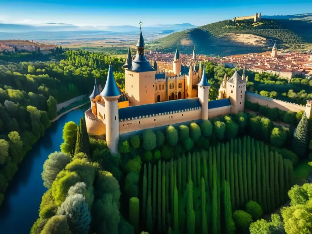 Esplendor del Alcázar de Segovia: detalle Mudéjar en España Vista aérea impresionante del Alcázar de Segovia, reflejando su arquitectura Mudéjar