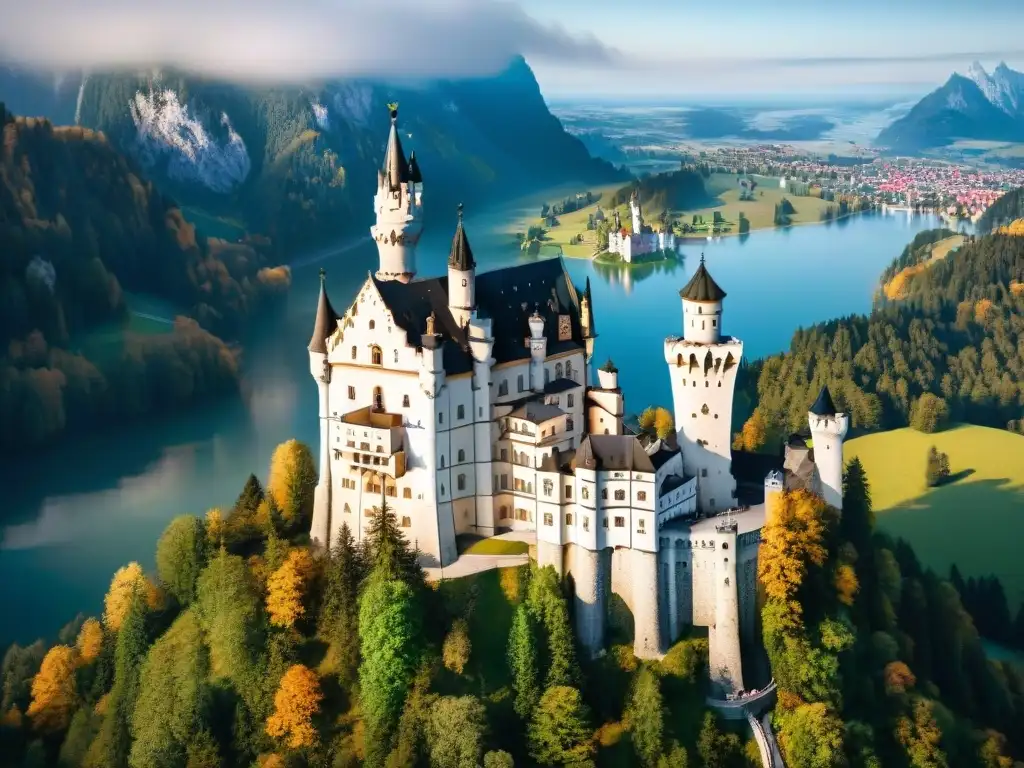 Castillo de Neuschwanstein: Majestuosidad y encanto histórico en Baviera Vista aérea impresionante del Castillo de Neuschwanstein en Baviera, Alemania, entre montañas