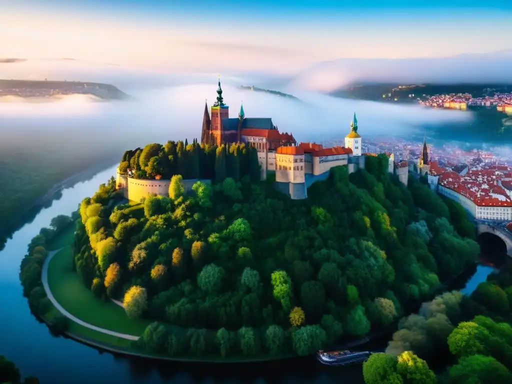 Castillo de Praga: Majestuosidad gótica sobre el río Vltava Vista aérea impresionante del Castillo de Praga sobre el río Vltava, destacando su arquitectura gótica