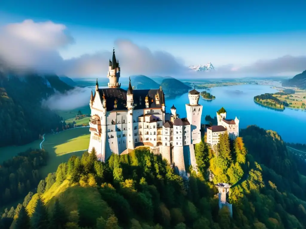 Castillo Neuschwanstein: majestuosidad en la naturaleza Vista aérea impresionante del Castillo Neuschwanstein en una colina verde rodeado de bosques, bajo un cielo azul