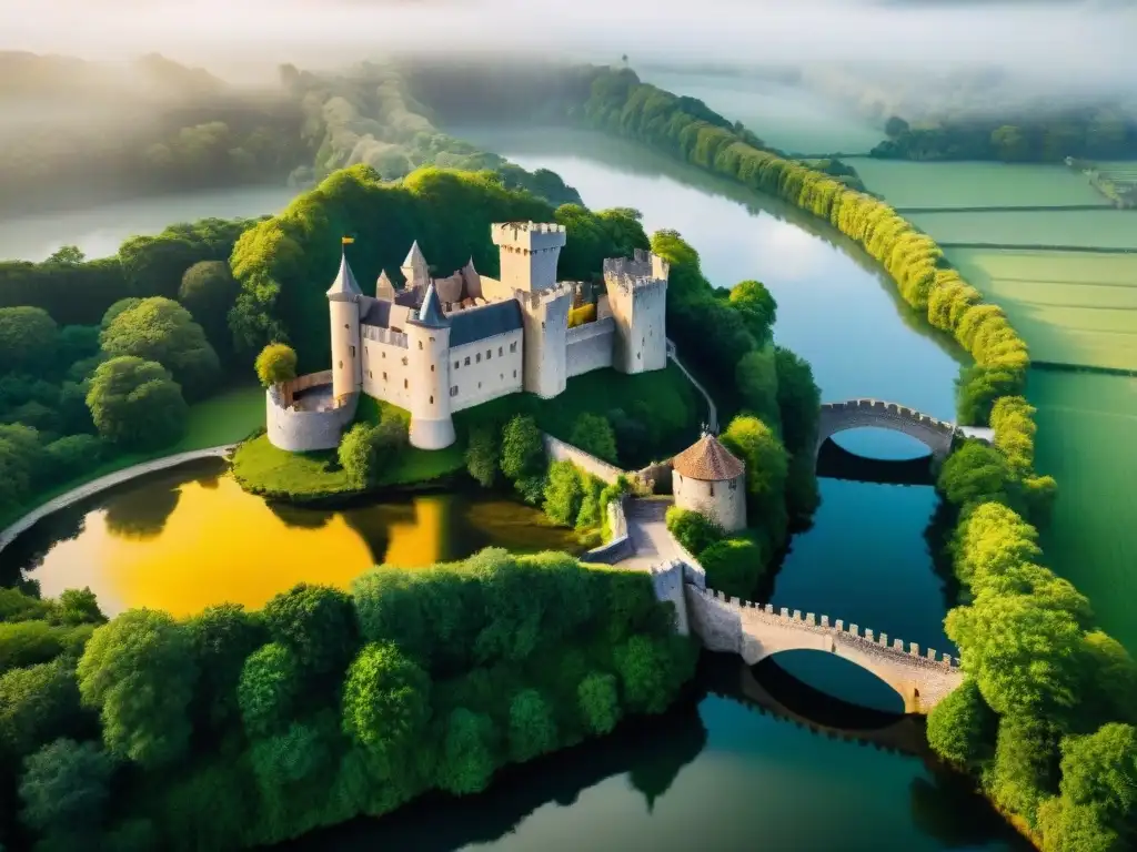 Castillo medieval: majestuosidad entre naturaleza exuberante Vista aérea impresionante de un castillo medieval entre exuberante vegetación, con un puente de piedra sobre un estanque tranquilo y reflectante