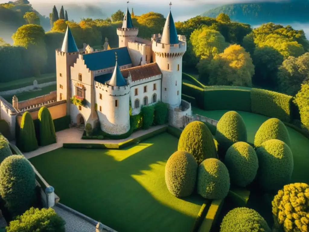 Esplendor medieval: castillo histórico y exuberante patio Vista aérea impresionante de un castillo medieval, con patios internos llenos de historia y encanto