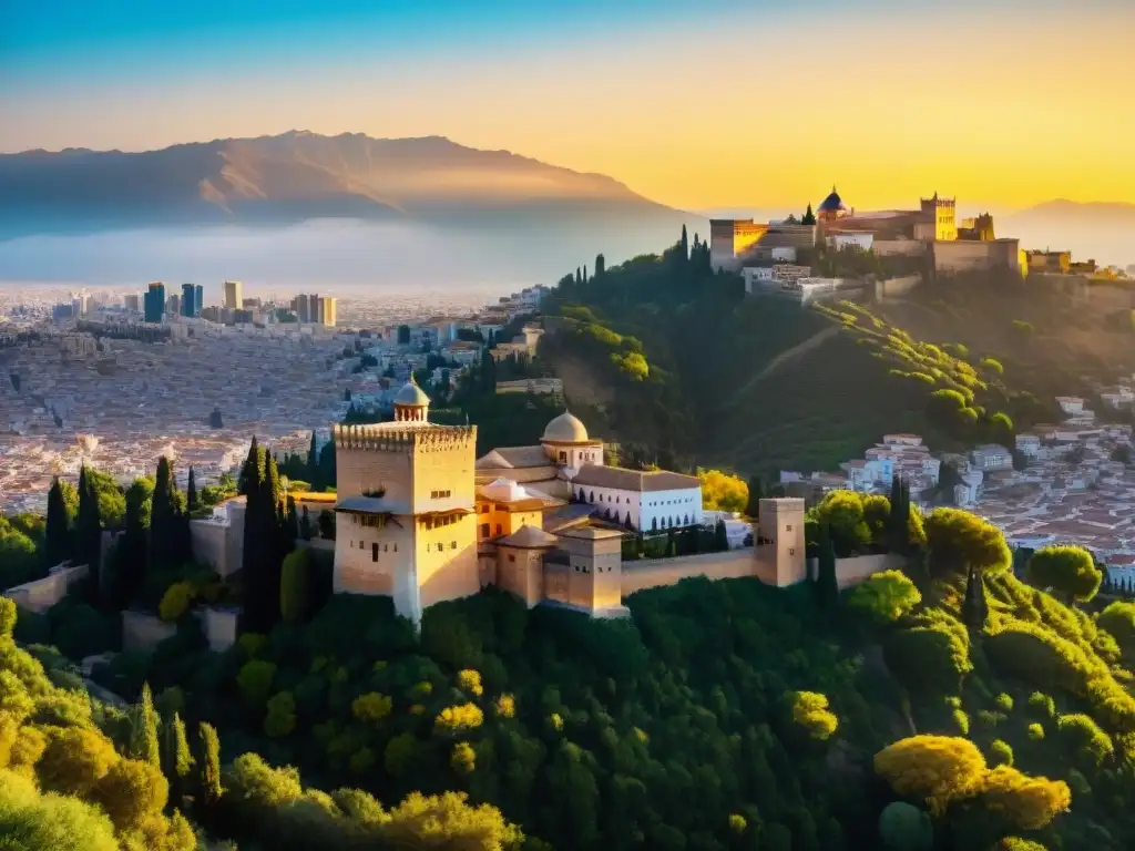 Alhambra de Granada: majestuosidad islamo-española Vista aérea impresionante de la Alhambra de Granada, resaltando sus detalles y belleza con castillos con vistas panorámicas