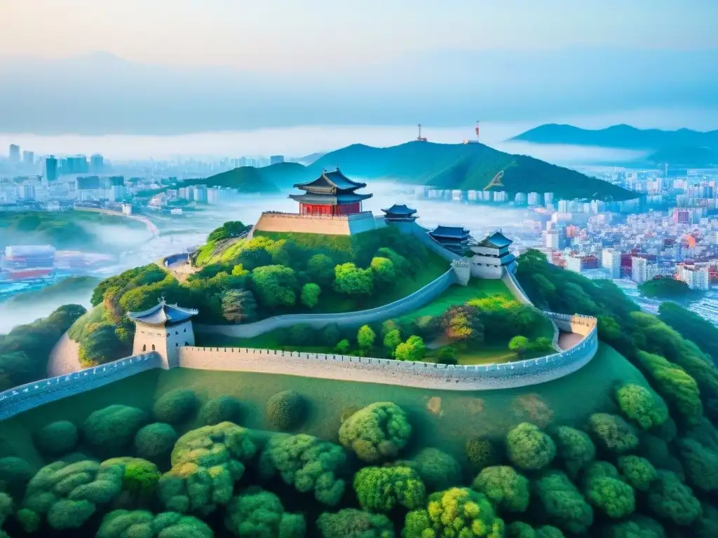 Hwaseong Fortress: vista aérea impresionante en Suwon, Corea del Sur Vista aérea impresionante de la Fortaleza Hwaseong en Suwon, Corea del Sur, rodeada de exuberante vegetación y muros históricos