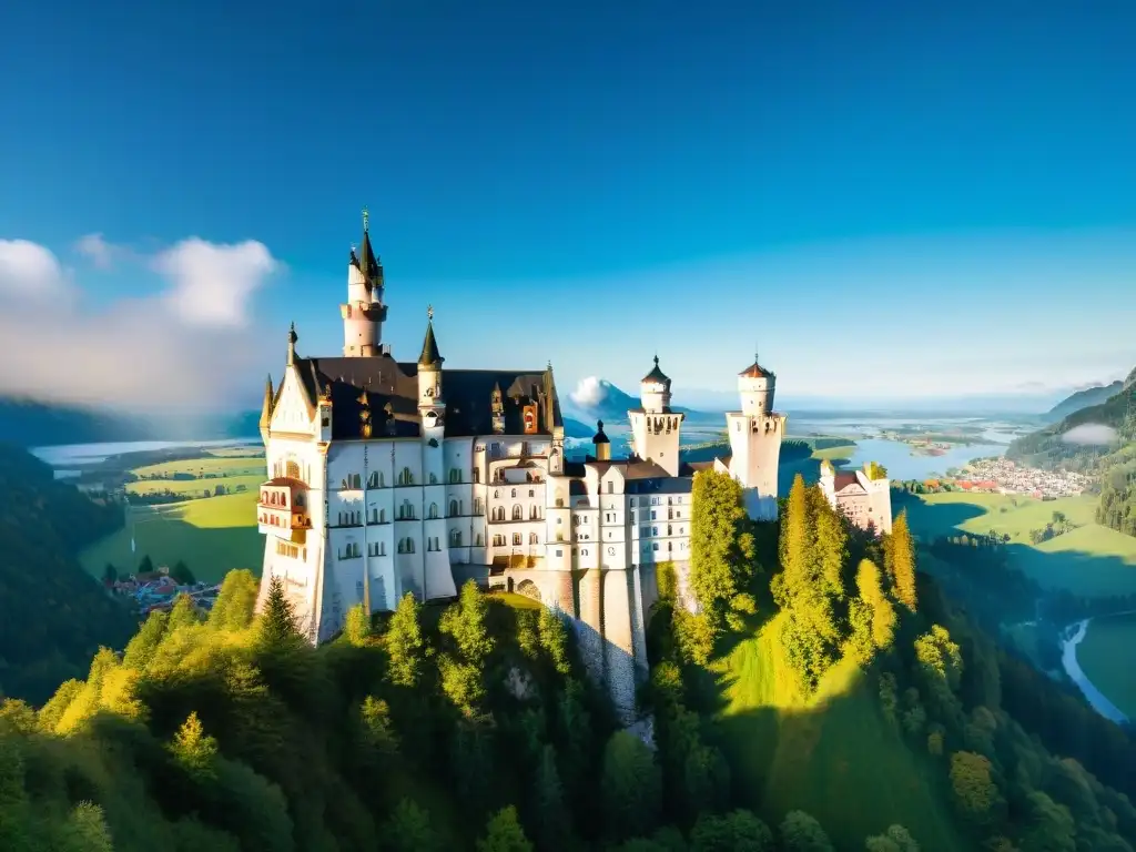 Castillo Neuschwanstein: Majestuosidad en Baviera Vista aérea impresionante del lujoso Castillo de Neuschwanstein en Alemania, rodeado de un paisaje pintoresco