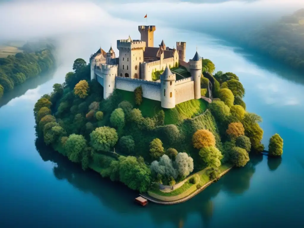 Vista aérea impresionante de un majestuoso castillo medieval rodeado de naturaleza, evocando la conservación de castillos históricos