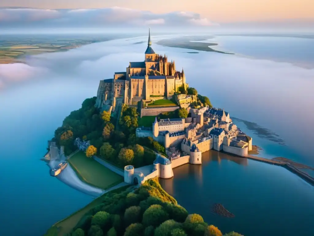 Espléndida vista aérea del Mont Saint-Michel al atardecer Vista aérea impresionante del majestuoso Mont Saint-Michel en Francia al atardecer, rodeado por el mar, evocando castillos en alturas impresionantes