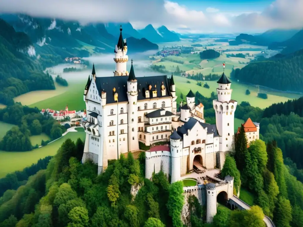 Castillo Neuschwanstein: lujo y grandiosidad en Alemania Vista aérea impresionante del opulento Castillo Neuschwanstein en Alemania, rodeado de exuberante vegetación y paisaje alpino sereno