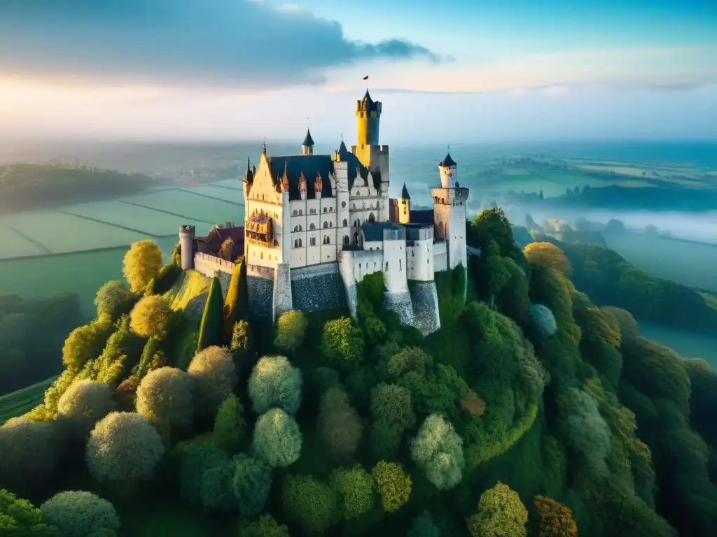 Castillo medieval en la naturaleza: majestuosidad a vista de dron Vista aérea de un majestuoso castillo medieval rodeado de exuberante vegetación, destacando su arquitectura y belleza histórica