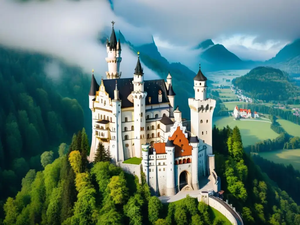 Vista aérea del majestuoso Castillo de Neuschwanstein en Baviera, Alemania, entre la neblina