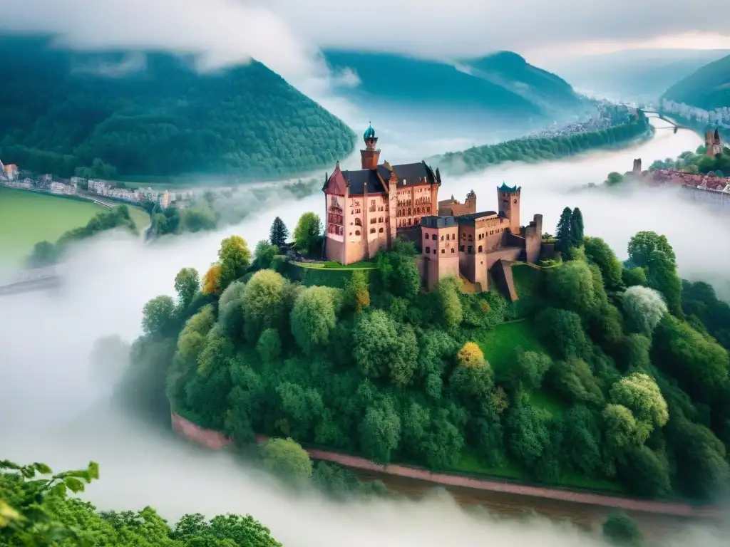 Heidelberg Castle: Mística belleza entre niebla y río Vista aérea del majestuoso Castillo de Heidelberg en la colina verde, rodeado de niebla y el río Neckar
