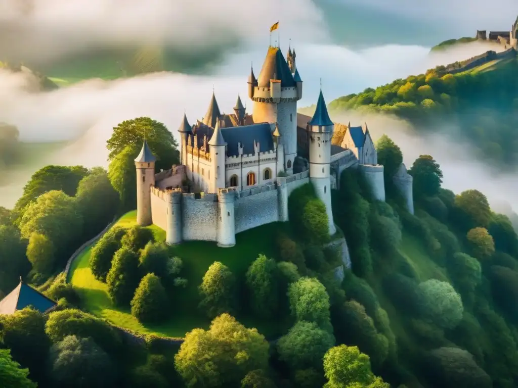 Castillo medieval en la colina: una vista aérea asombrosa Vista aérea de un majestuoso castillo medieval rodeado de un foso brillante, con detalles auténticos de fantasía medieval estancias