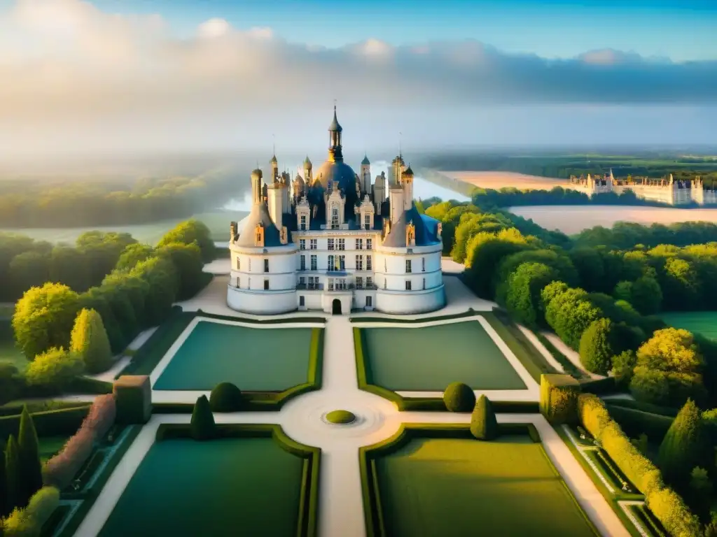 Esplendor renacentista: Château de Chambord en el Valle del Loira Vista aérea del majestuoso Château de Chambord en el Valle del Loira, con su arquitectura renacentista, jardines y bosque